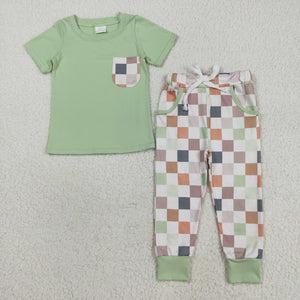 Plaid Pocket Green Boys Short Sleeve+Trousers Sets