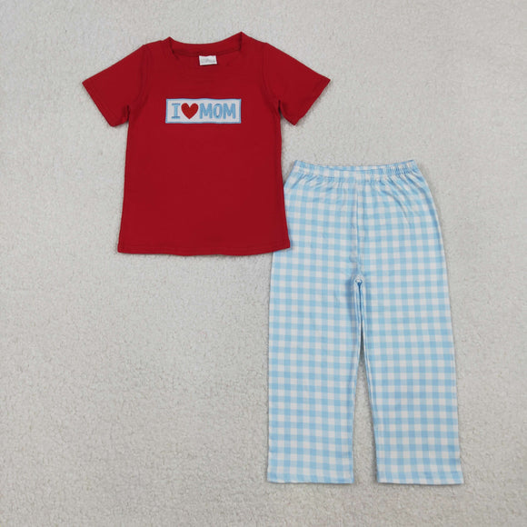 I Love Mom Blue Plaid Red Boys Short Sleeve+Trousers Sets
