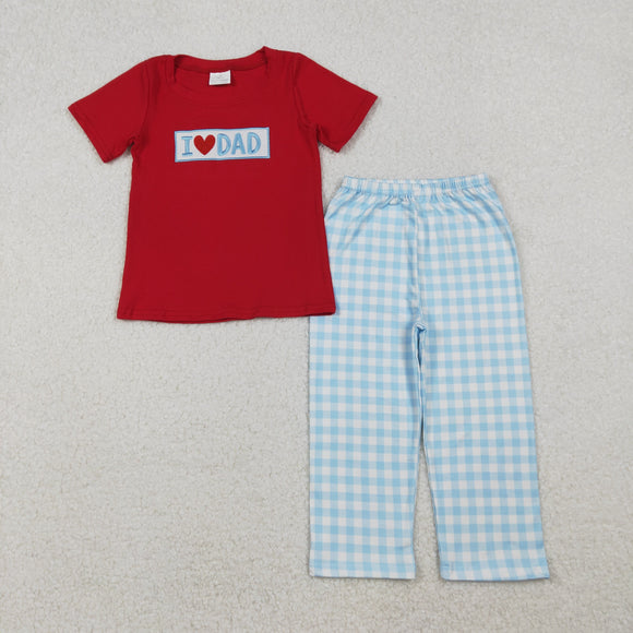 I Love Dad Blue Plaid Red Boys Short Sleeve+Trousers Sets