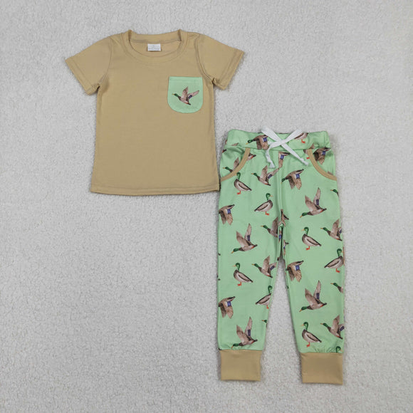 Duck Green Pocket Brown Boys Short Sleeve+Trousers Sets