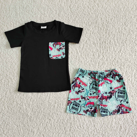 Promotional Horse Rodeo Pocket Black Boys Shorts Sets