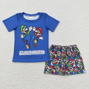 Cartoon Bro Blue Boys Shorts Sets