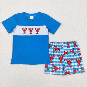 Crawfish Plaid Blue Boys Shorts Sets