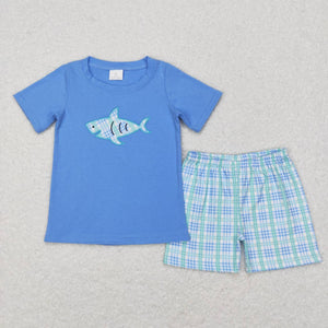 Shark Plaid Blue Boys Shorts Sets