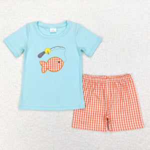 Fishing Orange Plaid Blue Boys Shorts Sets