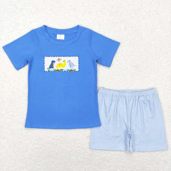 Dinosaur Plaid Blue Boys Shorts Sets