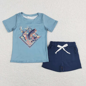 Deer Fish Blue Boys Shorts Sets