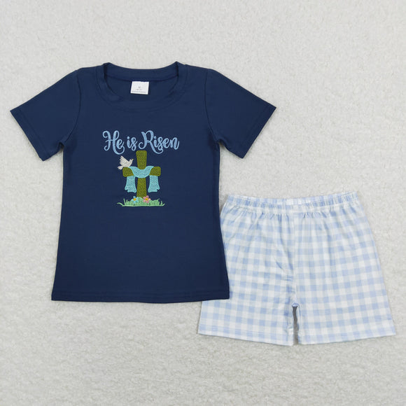 He is Risen Plaid Navy Boys Easter Outfits