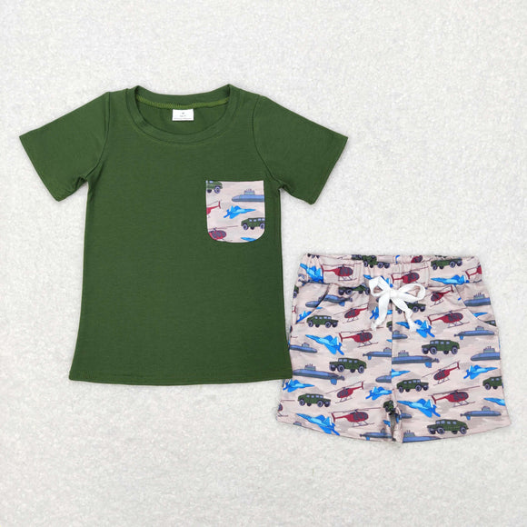 Plane Truck Pocket Green Boys Shorts Sets