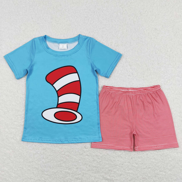 Cartoon Cats Red Stripe Blue Boys Shorts Sets