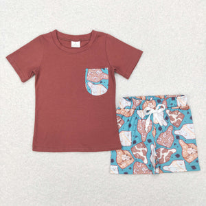 Cow Print Pocket Brown Boys Shorts Sets