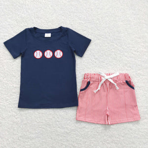 Baseballs Red Stripe Navy Boys Shorts Sets