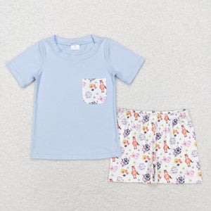 Horse Cow Sheep Farm White Blue Boys Shorts Sets