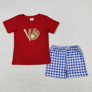 Baseball Blue Plaid Red Boys Shorts Sets