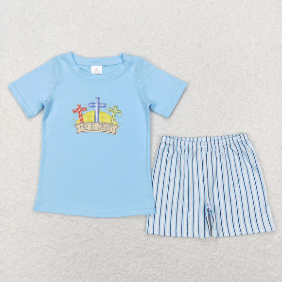 He is Risen Cross Blue Boys Easter Outfits