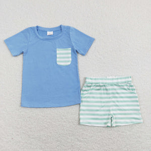 Green Stripe Pocket Blue Boys Shorts Sets