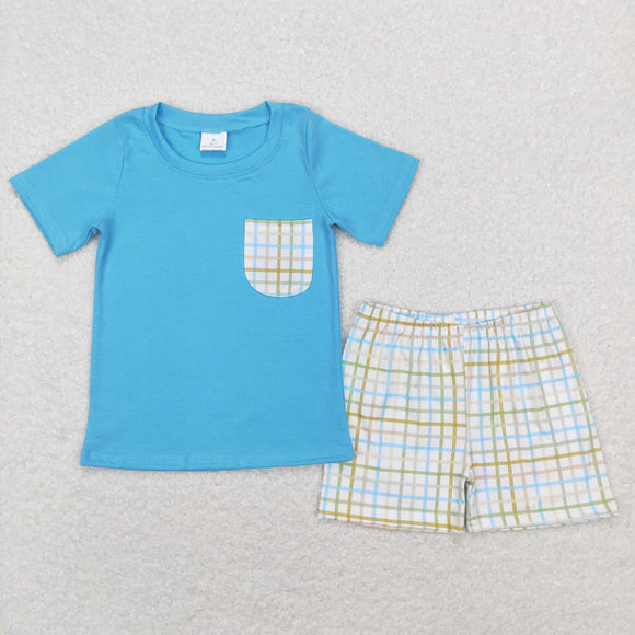 Plaid Pocket Blue Boys Shorts Sets