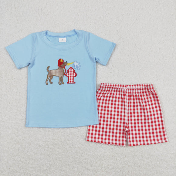 Fire Fighting Dog Red Plaid Blue Boys Shorts Sets