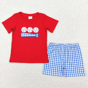 Baseball Blue Plaid Red Boys Shorts Sets