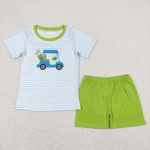 Golf Tour Car Blue Stripe Green Boys Shorts Sets