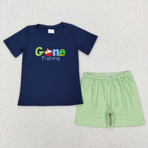 Gone Fishing Green Plaid Navy Boys Shorts Sets