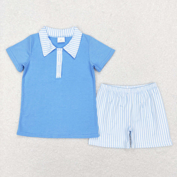 Plaid Stripe Blue Solid Boys Shorts Sets