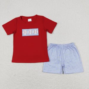 Baseballs Blue Plaid Red Boys Shorts Sets