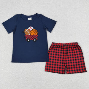 Baseball Football Red Plaid Navy Boys Shorts Sets