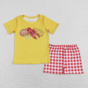 Crawfish Corn Yellow Red Plaid Boys Shorts Sets