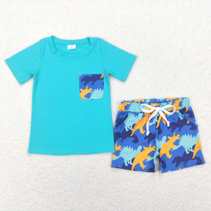 Dinosaur Pocket Blue Boys Shorts Sets