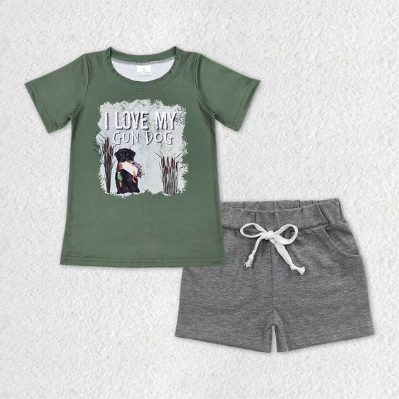 I Love My Gun Dog Green Gray Boys Shorts Sets