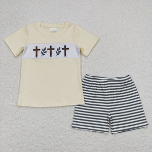 Cross Leaves Green Stripe Beige Boys Easter Outfits