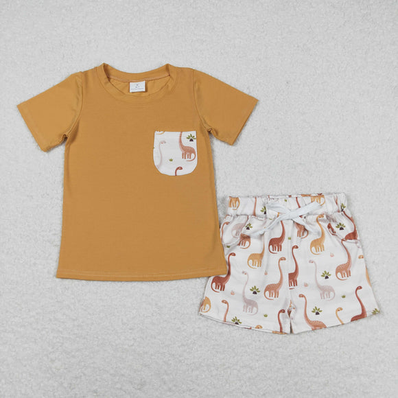 Dinosaur Pocket Brown Boys Shorts Sets