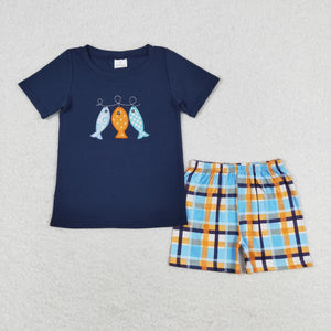 Fishing Plaid Navy Boys Shorts Sets