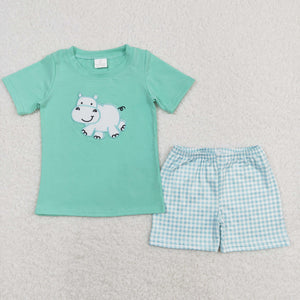 Hippo Plaid Bluish Boys Shorts Sets