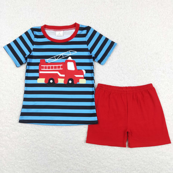 Fire Fighting Truck Stripe Blue Boys Shorts Sets