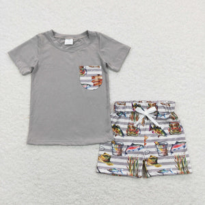 Fishing Stripe Gray Boys Shorts Sets