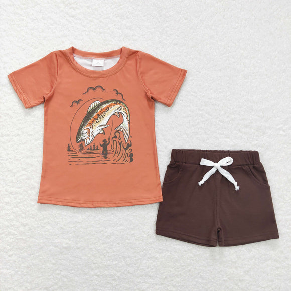 Fishing Orange Brown Boys Shorts Sets