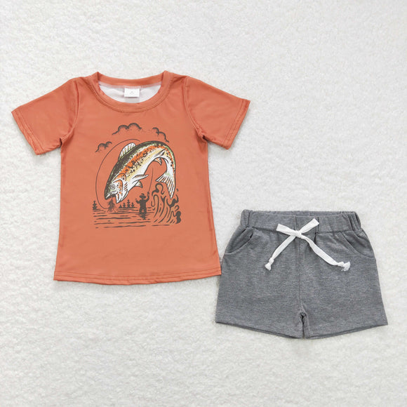 Fishing Orange Gray Boys Shorts Sets