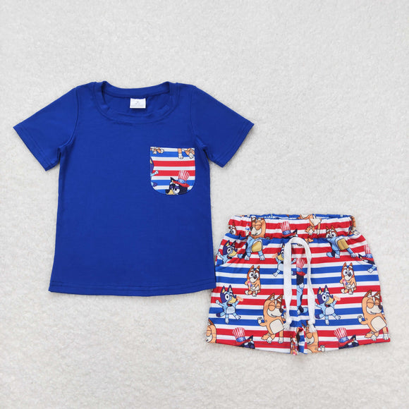 Cartoon Dogs Stripe Pocket Blue Boys 4th of July Outfits