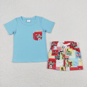 Cartoon Plaid Pocket Blue Boys Shorts Sets