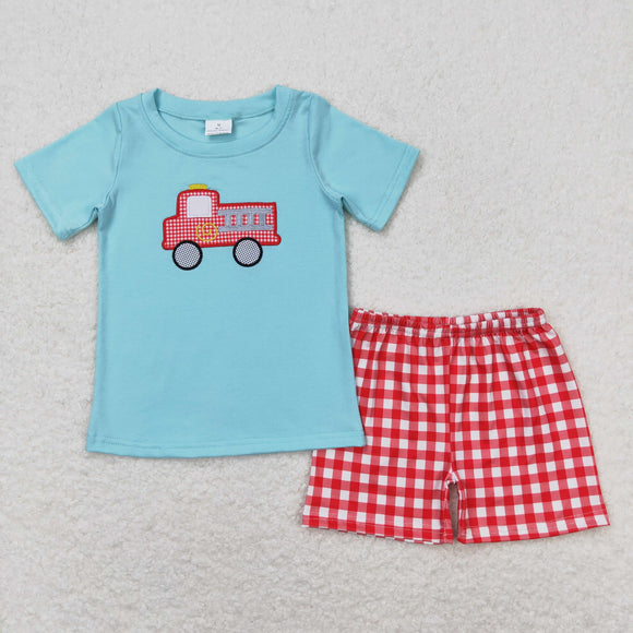 Fire Fighting Truck Red Plaid Blue Boys Shorts Sets