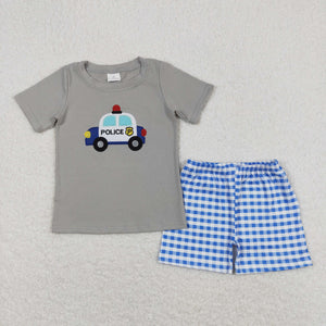 Police Blue Plaid Gray Boys Shorts Sets