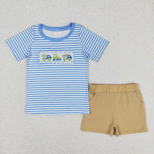 Construction Truck Blue Stripe Khaki Boys Shorts Sets