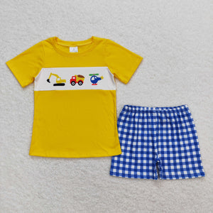 Construction Truck Blue Plaid Yellow Boys Shorts Sets