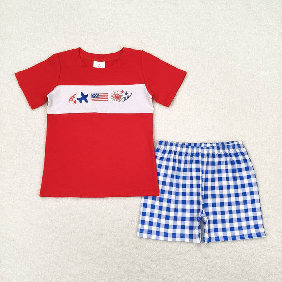 Plane Flag Firework Blue Plaid Red Boys 4th of July Outfits