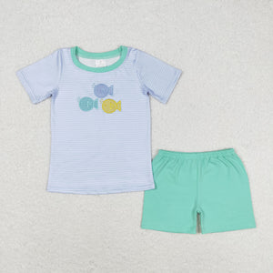 Fish Blue Stripe Green Boys Shorts Sets