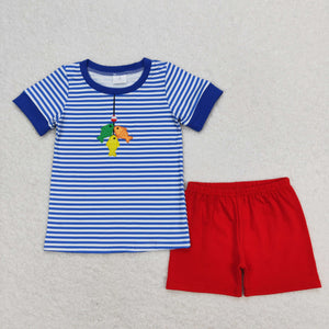 Fishing Blue Stripe Red Boys Shorts Sets