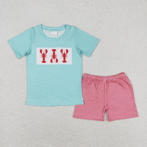 Crawfish Red Plaid Blue Boys Shorts Sets