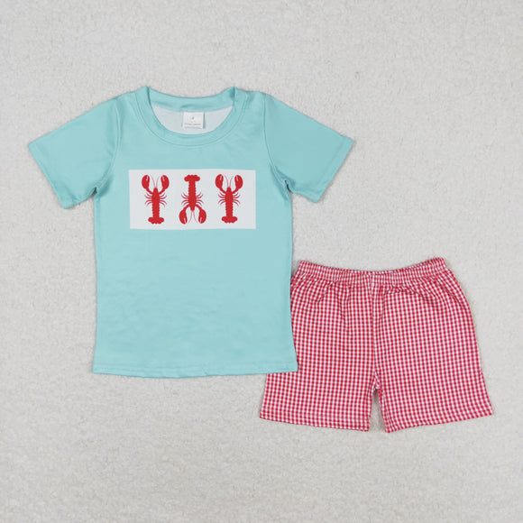 Crawfish Red Plaid Blue Boys Shorts Sets